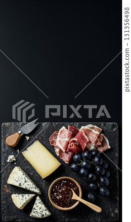 A top-down view of a gourmet charcuterie board featuring various cheeses, cured meats, fresh grapes, and a fruit preserve with a knife on a dark textured surface. 131356498