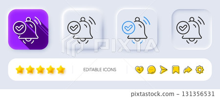 Notification received line icon. Neumorphic, Flat shadow, 3d buttons. Selected reminder sign. Alarm bell symbol. Line notification received icon. Social media icons. Vector 131356531