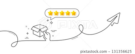 Hold open box line icon. Continuous line with share plane. Delivery parcel sign. Cargo package symbol. Five star rate review in speech bubble. Hold box single line ribbon. Loop curve pattern. Vector 131356625