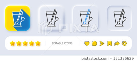 Cup with spoon line icon. Neumorphic, Flat shadow, 3d buttons. Fresh beverage sign. Latte or Coffee symbol. Line tea mug icon. Social media icons. Vector 131356629