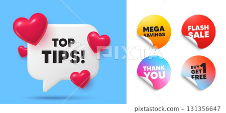 Top tips speech bubble, sticker tags. Get free, Flash sale stickers. Top tips tag. Education faq sign. Best help assistance. Thank you tag. 3d hearts chat bubble. Vector Top tips speech bubble, sticker tags. Get free, Flash sale stickers. Top tips tag. Education faq sign. Best help assistance. Thank you tag. 3d hearts chat bubble. Vector 131356647