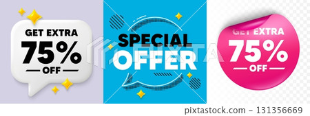 Extra discount speech bubble. 3d sparkles chat, Paper sticker. Get Extra 75 percent off Sale. Discount offer price sign. Special offer symbol. Save 75 percentages. Special offer bubble. Vector Extra discount speech bubble. 3d sparkles chat, Paper sticker. Get Extra 75 percent off Sale. Discount offer price sign. Special offer symbol. Save 75 percentages. Special offer bubble. Vector 131356669
