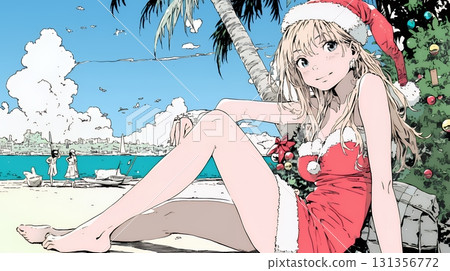Female Santa Claus in action on the beach in midsummer (Southern Hemisphere) 131356772