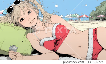Female Santa Claus in action on the beach in midsummer (Southern Hemisphere) 131356774