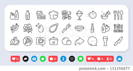 Beer glass, Pre-order food and Food line icons pack. Social media: share, comment, like icons. Love cooking, Water drop, Beer web icon. Mint tea, Water bottle, Knife pictogram. Vector Beer glass, Pre-order food and Food line icons pack. Social media: share, comment, like icons. Love cooking, Water drop, Beer web icon. Mint tea, Water bottle, Knife pictogram. Vector 131356877