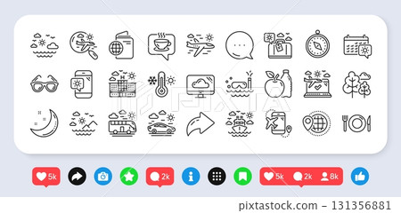 Travel line icons. Social media: share, comment, like icons. Passport, Check in airport, Luggage icons. Airplane flight, Sunglasses, Hotel building. Passport check in document, Sea diving. Vector 131356881