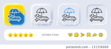 Sunbed line icon. Neumorphic, Flat shadow, 3d buttons. Lounge beach chair sign. Vacation umbrella symbol. Line sunbed icon. Social media icons. Vector 131356889