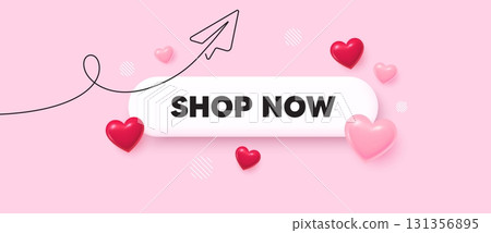 Shop now search bar. Share plane line icon. Shop now. Special offer price sign. Sale discounts symbol. Search button with 3d hearts. Vector 131356895