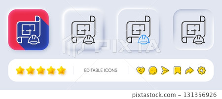 Engineering plan line icon. Neumorphic, Flat shadow, 3d buttons. Technical documentation sign. Construction helmet symbol. Line engineering plan icon. Social media icons. Vector 131356926
