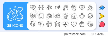 Marriage rings, Equality and Love music line icons. Interest rate, AI generate, Inflation icons. Pack of Wedding rings, Love, Heart target icon. Heart, Romantic talk, Only you pictogram. Vector Marriage rings, Equality and Love music line icons. Interest rate, AI generate, Inflation icons. Pack of Wedding rings, Love, Heart target icon. Heart, Romantic talk, Only you pictogram. Vector 131356969
