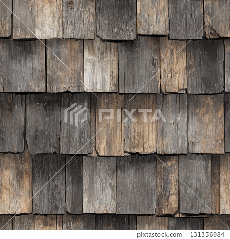 Seamless traditional Japanese roof texture: weathered cypress bark and shingle overlaps, antique wood tile pattern 131356984