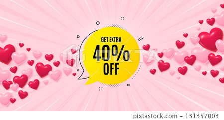 Sale bubble love banner with 3d hearts. Sunburst flare background. Get 40 percent off bubble banner. Discount sticker shape. Sale badge icon. Valentines day greeting card. Vector Sale bubble love banner with 3d hearts. Sunburst flare background. Get 40 percent off bubble banner. Discount sticker shape. Sale badge icon. Valentines day greeting card. Vector 131357003