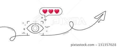 Eye detect line icon. Continuous line with share plane. Retina scan sign. Biometric data symbol. Hearts rate review in speech bubble. Eye detect single line ribbon. Loop curve pattern. Vector 131357028