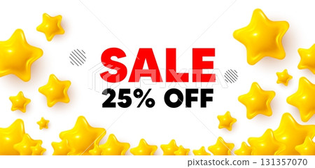 Sale winner banner with 3d stars. Golden stars banner. Sale 25 percent off discount. Promotion price offer sign. Retail badge symbol. Review rate background. Vector 131357070