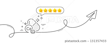 Calcium mineral line icon. Continuous line with share plane. Chemical element Ca sign. Capsule or pill symbol. Five star rate review in speech bubble. Calcium mineral single line ribbon. Vector Calcium mineral line icon. Continuous line with share plane. Chemical element Ca sign. Capsule or pill symbol. Five star rate review in speech bubble. Calcium mineral single line ribbon. Vector 131357433