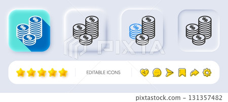 Coins money line icon. Neumorphic, Flat shadow, 3d buttons. Banking currency sign. Cash symbol. Line coins icon. Social media icons. Vector Coins money line icon. Neumorphic, Flat shadow, 3d buttons. Banking currency sign. Cash symbol. Line coins icon. Social media icons. Vector 131357482