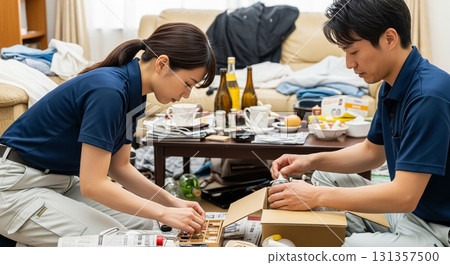 兩名工人，一男一女，正在打掃凌亂的房間。 131357500