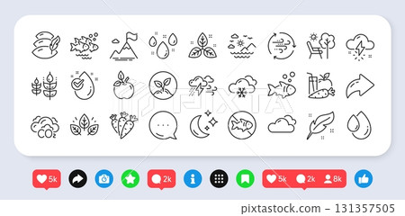 Snow weather, Sea mountains and Cloudy weather line icons pack. Social media: share, comment, like icons. Moon, Water drop, Fish school web icon. Mountain flag, Gluten free, Pillow pictogram. Vector Snow weather, Sea mountains and Cloudy weather line icons pack. Social media: share, comment, like icons. Moon, Water drop, Fish school web icon. Mountain flag, Gluten free, Pillow pictogram. Vector 131357505