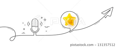Microphone line icon. Continuous line with share plane. Studio mic sign. Voice record device symbol. 3d star in speech bubble. Microphone single line ribbon. Loop curve pattern. Vector 131357512