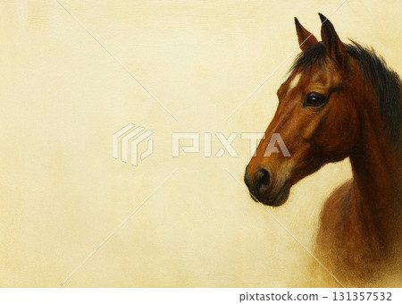 逼真的馬畫,灰白色背景複製空間 逼真的馬畫,灰白色背景複製空間 131357532
