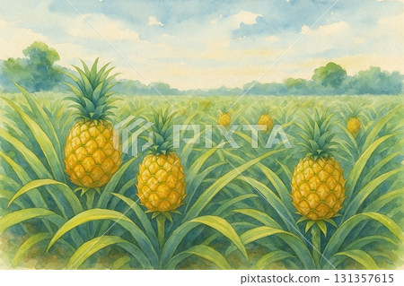 Pineapple field before harvest, tropical, watercolor painting 131357615