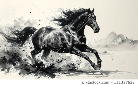 動態黑白馬藝術插畫 131357622