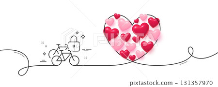 Bicycle lockers line icon. Continuous line big heart. Lock bike transport sign. Outdoor parking place symbol. 3d hearts in heart shaped loop. Bicycle lockers single line ribbon. Vector 131357970