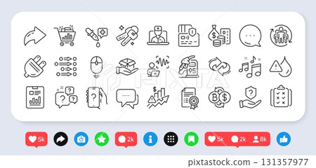 Message, Rule and Protection shield line icons pack. Social media: share, comment, like icons. Bitcoin exchange, Electric plug, Telemedicine web icon. Voice wave, Music, Teamwork pictogram. Vector 131357977