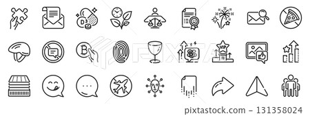 Leaves, Fireworks and Yummy smile line icons pack. Share, Message, Paper plane icons. Cholecalciferol, Glass, Prohibit food web icon. Vip podium, Stop talking, Mail newsletter pictogram. Vector 131358024