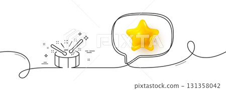 Drums with drumsticks line icon. Continuous line with 3d star. Music sign. Musical instrument symbol. 3d star in speech bubble. Drums single line ribbon. Loop curve pattern. Vector 131358042