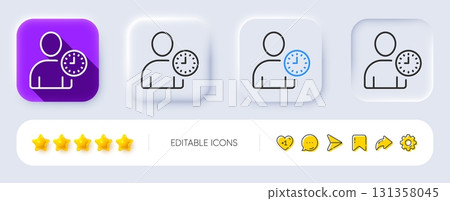 User with Clock line icon. Neumorphic, Flat shadow, 3d buttons. Profile Avatar with Time sign. Person silhouette symbol. Line time management icon. Social media icons. Vector 131358045