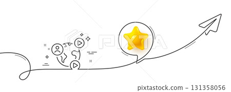 Virtual conference line icon. Continuous line with share plane. Online training sign. Web presentation symbol. 3d star in speech bubble. Video conference single line ribbon. Loop curve pattern. Vector 131358056
