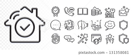 24h service, Wallet and Buying house line icons for web app. Glare of light effect. Message icon. Pack of Face id, Stars, Speech bubble pictogram icons. Vector 131358081