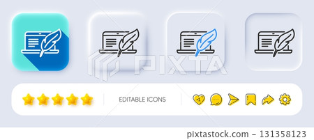 Copywriting notebook line icon. Neumorphic, Flat shadow, 3d buttons. Copyright feather sign. Media content symbol. Line copyright laptop icon. Social media icons. Vector 131358123