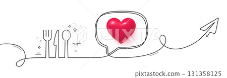 Food line icon. Continuous line with share plane. Cutlery sign. Fork, knife, spoon symbol. 3d heart in speech bubble. Food single line ribbon. Loop curve pattern. Vector Food line icon. Continuous line with share plane. Cutlery sign. Fork, knife, spoon symbol. 3d heart in speech bubble. Food single line ribbon. Loop curve pattern. Vector 131358125