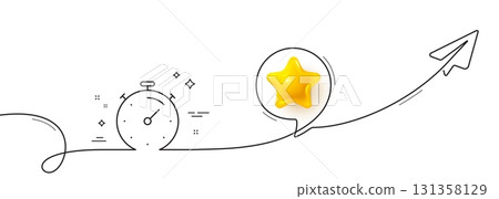 Timer line icon. Continuous line with share plane. Time management sign. Stopwatch symbol. 3d star in speech bubble. Timer single line ribbon. Loop curve pattern. Vector Timer line icon. Continuous line with share plane. Time management sign. Stopwatch symbol. 3d star in speech bubble. Timer single line ribbon. Loop curve pattern. Vector 131358129