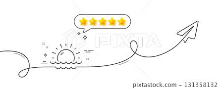 Sunny weather forecast line icon. Continuous line with share plane. Summer sun sign. Sunset with waves. Five star rate review in speech bubble. Sunset single line ribbon. Loop curve pattern. Vector Sunny weather forecast line icon. Continuous line with share plane. Summer sun sign. Sunset with waves. Five star rate review in speech bubble. Sunset single line ribbon. Loop curve pattern. Vector 131358132