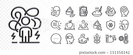 Porridge, Laptop and Difficult stress line icons for web app. Glare of light effect. Message icon. Pack of Weariness, Face attention, Night cream pictogram icons. Vector 131358142