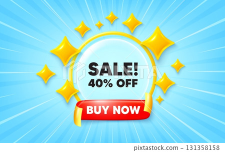 Sale sunburst ray banner. Buy now flag ribbon. Sale 40 percent off discount. Promotion price offer sign. Retail badge symbol. 3d stars glitter. Red ribbon tag. Discount offer. Vector 131358158