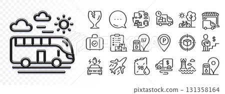 Cash transit, Delivery truck and Parcel tracking line icons for web app. Glare of light effect. Message icon. Pack of Petrol station, Parking, Car charging pictogram icons. Vector 131358164