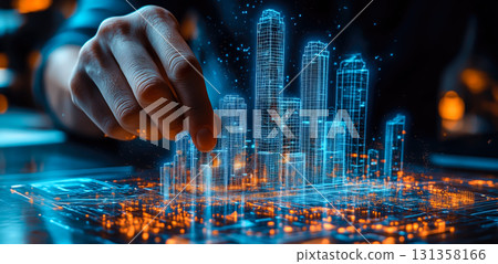 An architect brings architectural designs to life with 3D holographic construction models. The concept of innovation in architecture and futuristic design. Generative Ai. 131358166