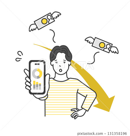 Illustration material of a man holding a smartphone and money flying away 131358196