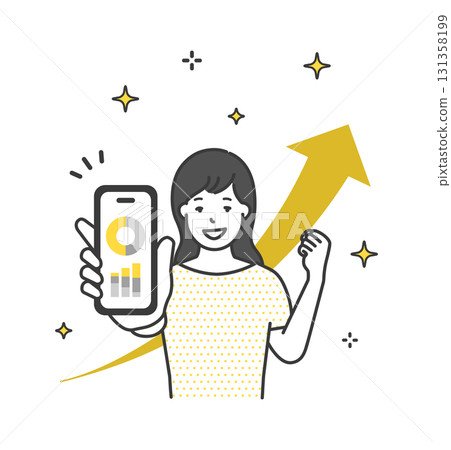 圖：一位微笑的女人手持智慧型手機，揮拳 131358199