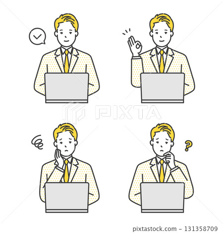 A simple image of a working male business person and a computer. Illustration material 131358709