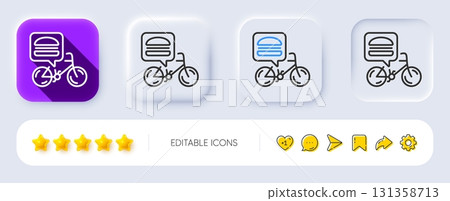 Food delivery bike line icon. Neumorphic, Flat shadow, 3d buttons. Contactless meal order sign. Grocery delivery symbol. Line food delivery icon. Social media icons. Vector 131358713