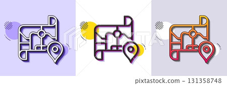 Map line icon. Halftone dotted pattern. Gradient icon with grain shadow. Road trip sign. Journey route distance symbol. Line map icon. Various designs. Vector 131358748