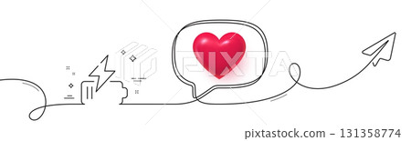 Battery line icon. Continuous line with share plane. Charge accumulator sign. Electric power symbol. 3d heart in speech bubble. Battery single line ribbon. Loop curve pattern. Vector 131358774