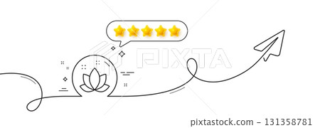 Lotus line icon. Continuous line with share plane. Yoga meditation flower sign. Mind relax and peace symbol. Five star rate review in speech bubble. Lotus single line ribbon. Vector 131358781
