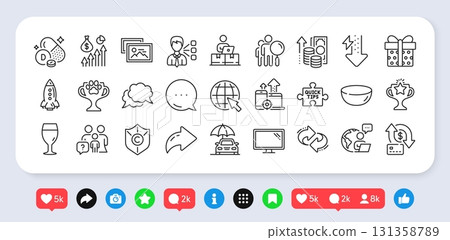 Winner cup, Inflation and Salary line icons pack. Social media: share, comment, like icons. Outsource work, Online storage, Monitor web icon. Energy drops, Bowl dish, Rocket pictogram. Vector Winner cup, Inflation and Salary line icons pack. Social media: share, comment, like icons. Outsource work, Online storage, Monitor web icon. Energy drops, Bowl dish, Rocket pictogram. Vector 131358789