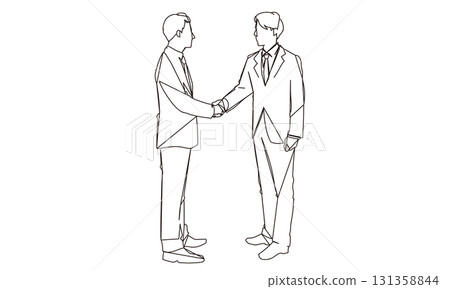 Line drawing illustration of a male businessman shaking hands Line drawing illustration of a male businessman shaking hands 131358844